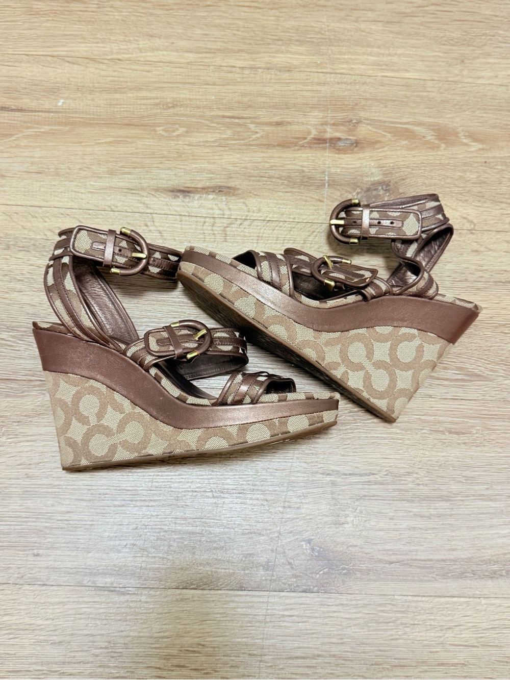 Coach Tan Signature Canvas Wedge Sandals with Bronze Straps